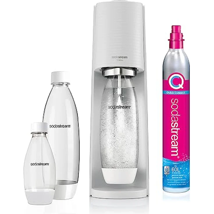 Sodastream Wassersprudler Terra White Value Pack x 3 mit 2 x 1L Flaschen und 1 x 1/2L Flasche spülmaschinenfest und 1 x CO2 Quick Connect Zylinder für bis zu 60L – Bild 1