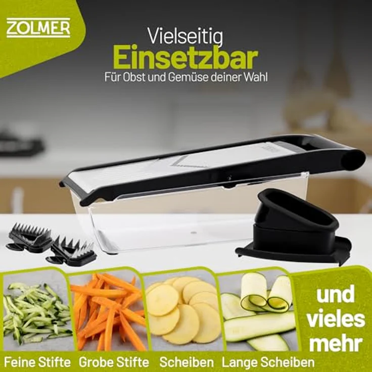 ZOLMER® Gemüsehobel Verstellbar, Gemüseschneider mit zwei extra scharfen Julien Messern, inkl. Fingerschutz und Auffangschale, 1-5 mm Schnittstärke – Bild 4