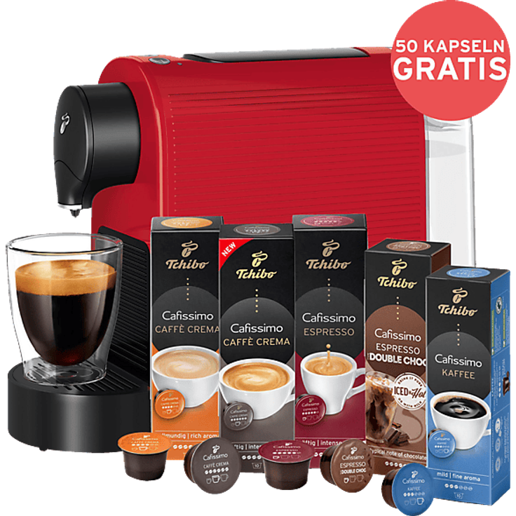 TCHIBO Cafissimo Pure plus, Kaffeekapselmaschine mit 50 Kapseln, rot, Drei-Druck-Brühsystem für perfekten Kaffeegenuss