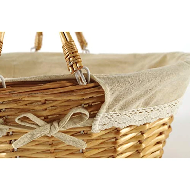 Kobolo Klappbügelkorb, ovaler Weidenkorb mit Klapphenkeln und Textilfutter in Braun, 42 x 33 x 18/32 cm – Bild 2