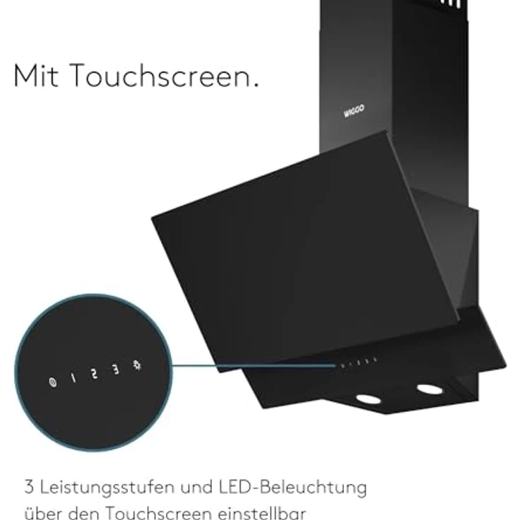 Wiggo A642 Dunstabzugshaube 60cm kopffrei I Abluft Umluft Dunstabzug 626m³/h - Touch-Display 4 Stufen I Energieeffizienzklasse A Schräghaube inkl. 2x Kohlefilter I Abzugshaube Glasfront schwarz – Bild 4