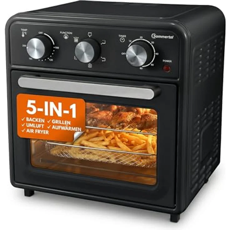 Sommertal Minibackofen 20 Liter, Tischbackofen mit Umluft & Heißluftfritteuse, 1800W, 100–230°C, 60 Min. Timer, inkl. Zubehör – Bild 1