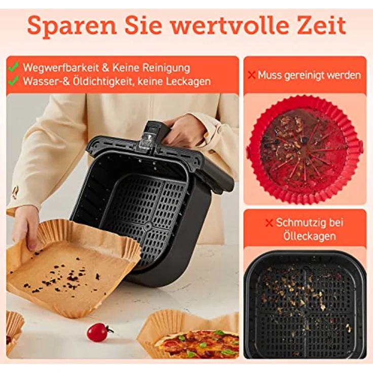 COSORI Backpapier für Heißluftfritteuse 4,5-6L, 100 Stück, 20cm, Ungebleichte und antihaftbeschichtete quadratische Einwegpapier für Airfryer, Backofen, Mikrowelle, Dampfgarer, Öl- und wasserdicht – Bild 3