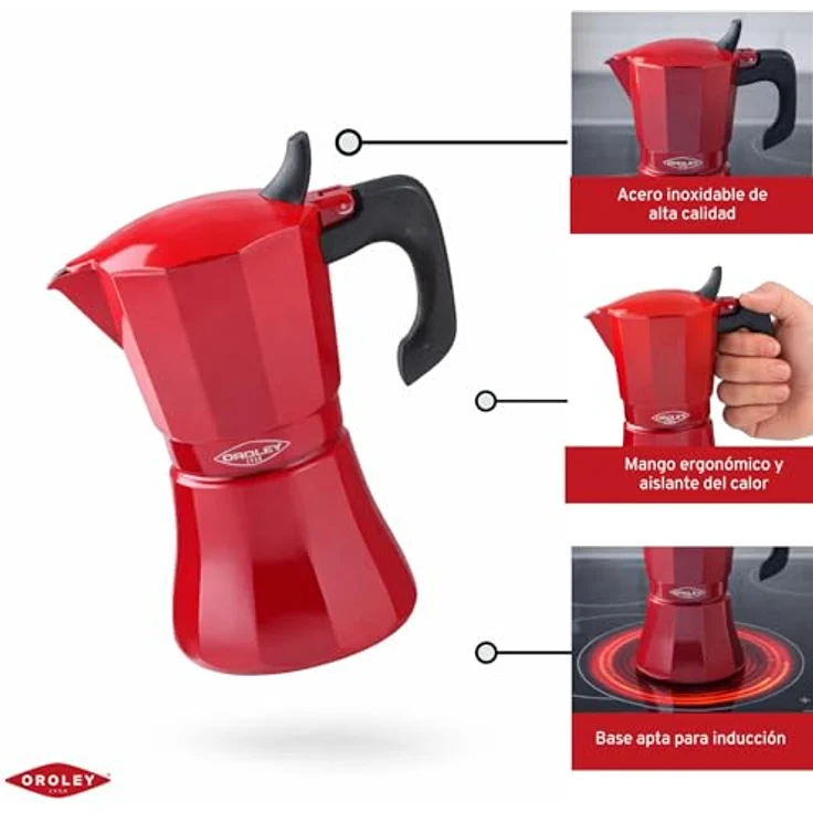 Oroley Espressokocher Oroley Petra, 6 Tassen Aluminium, rot, geeignet für alle Küchenarten – Bild 4