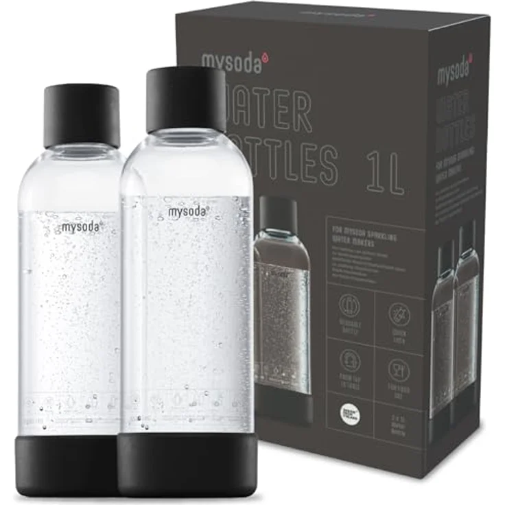 Mysoda: Wiederverwendbare Plastik Wasserflasche (BPA-frei) Wassersprudler mit Quick-Lock, Deckel und Boden aus Holzkomposit - Schwarz – Bild 1