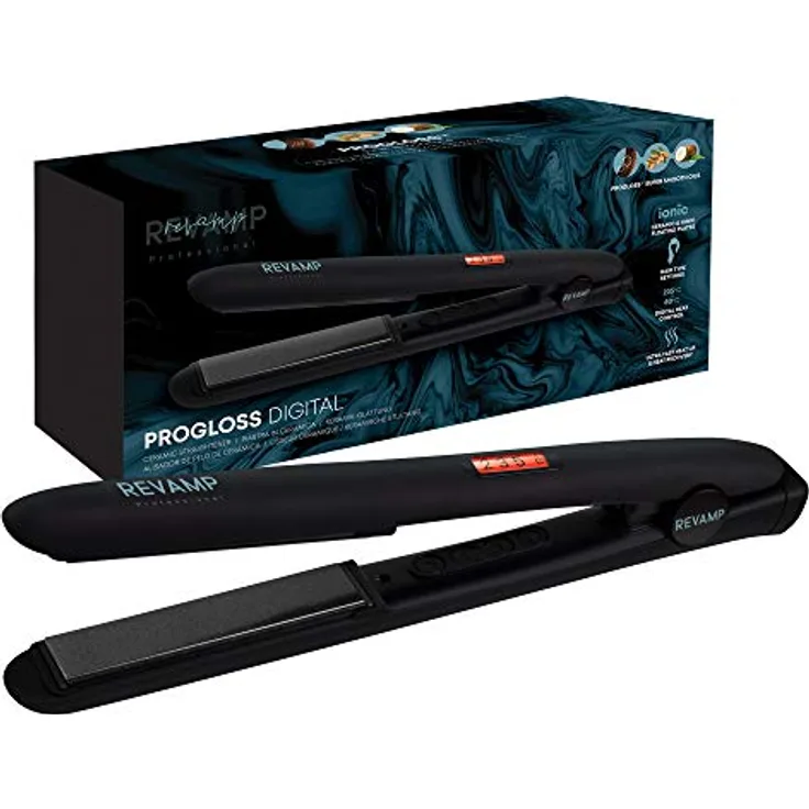 REVAMP Glätteisen Locken & Glätten 'Progloss Digital Keramik' 80-235°C - Professioneller Haarglätter für Haarstyling mit Temperaturschutz und 3m Kabellänge - Angereichert mit Progloss Ölen (Schwarz)