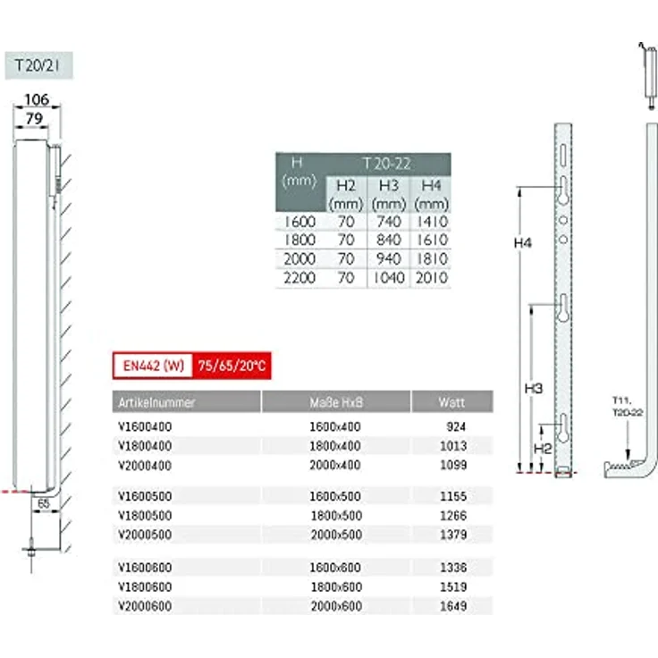 Belrad Vertikal Heizkörper Plan T20 1600 x 500 (HxB) - 1155 W – Bild 4
