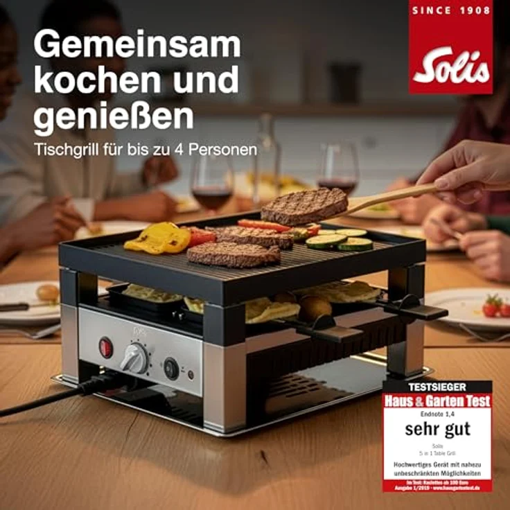 SOLIS OF SWITZERLAND Raclette & Pizza Grill for 4, Typ 7910, 1020 W, Wendbare Grillplatte, 4 Raclettepfännchen, Edelstahl, schwarz – Bild 3
