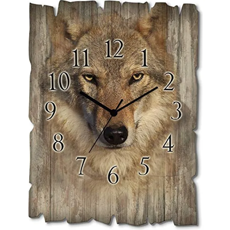 ARTLAND Wanduhr ohne Tickgeräusche aus Holz Quarzuhr 30x40 cm Rechteckig Lautlos Wolf Tiere Wald Nordisch Ländlich T1DQ