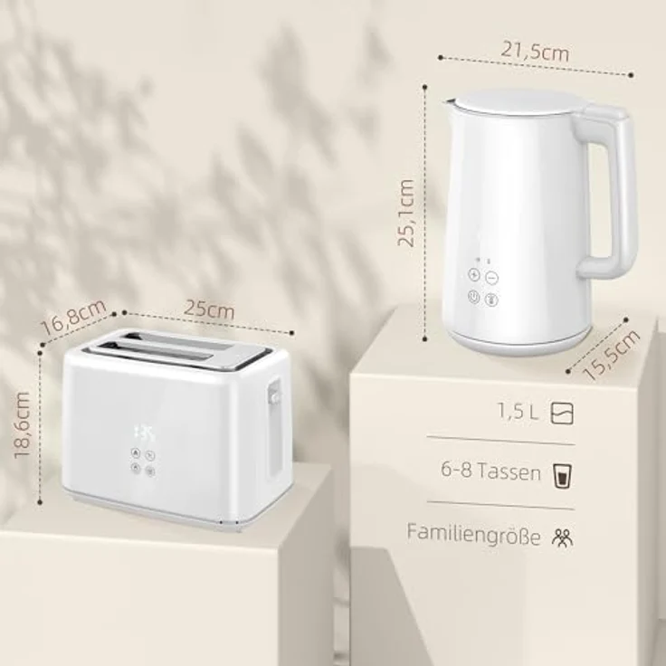 HOMCOM Toaster Wasserkocher Set, 1,5L Wasserkocher mit 2200W und 7 Temperatureinstellungen, Toaster für 2 Scheiben mit 7 Bräunungsstufen, Weiß – Bild 3