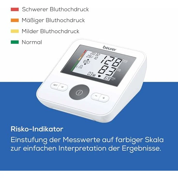 Beurer BM 27 Oberarm-Blutdruckmessgerät mit Manschettensitzkontrolle, für Oberarmumfänge von 22-42 cm, Risikoindikator, Arrhythmie-Erkennung, Meldung bei Anwendungsfehlern – Bild 3