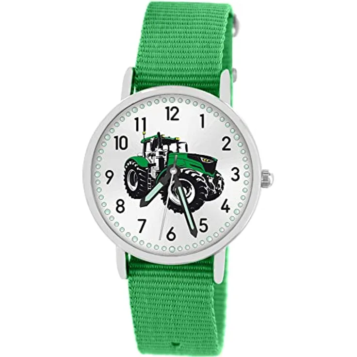 Pacific Time Kinder Armbanduhr Traktor, grün, mit leuchtenden Zeigern, Textilarmband, analog, Quick-Change-System, 3,2 cm Gehäusedurchmesser