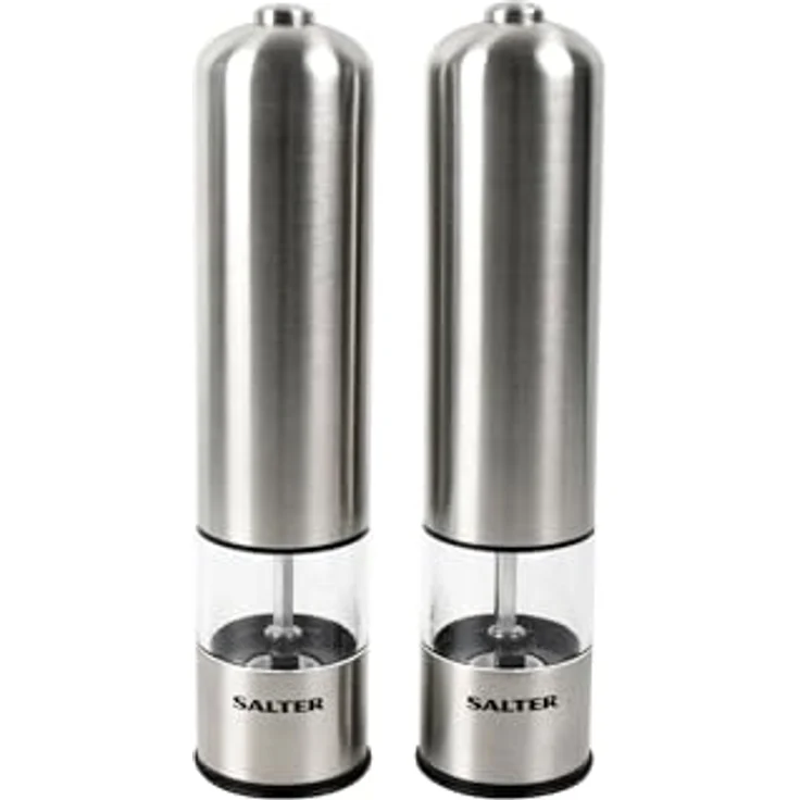 Salter Elektrische Salz- und Pfeffermühle im Set - Gebürstetes Edelstahl-Finish, Keramik-Mechanismus Ideal für Himalaya - Steinsalz, Pfeffer, Kräuter, Gewürze, kein Verschütten, einfache Handhabung – Bild 2