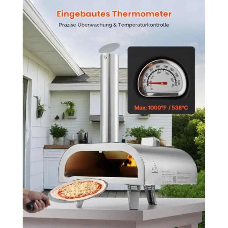 VEVOR 12 Zoll Pellet-Pizzaofen, tragbarer Outdoor-Pizzaofen mit eingebautem Thermometer, Pizzastein, Schaufel und Tragetasche, Edelstahl silber, für Garten und Camping – Bild 4