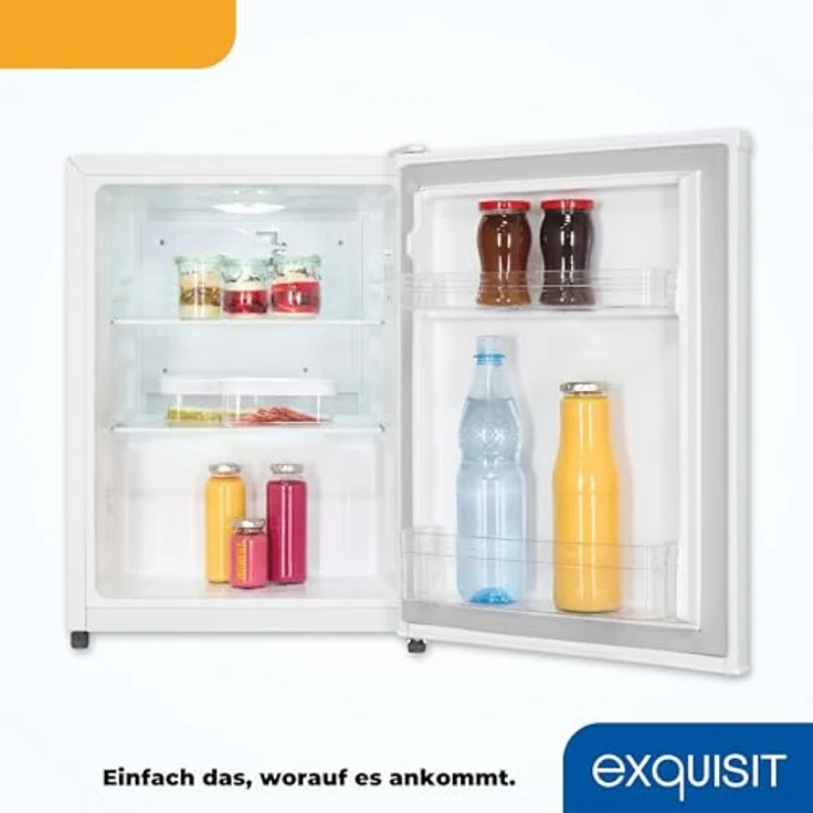 Exquisit Mini Kühlschrank KB560-V-091E, 50 l Nutzinhalt, Energieeffizienzklasse E, 41 dB, LED-Beleuchtung, manuelle Temperaturregelung, wechselbarer Türanschlag, weiss – Bild 5