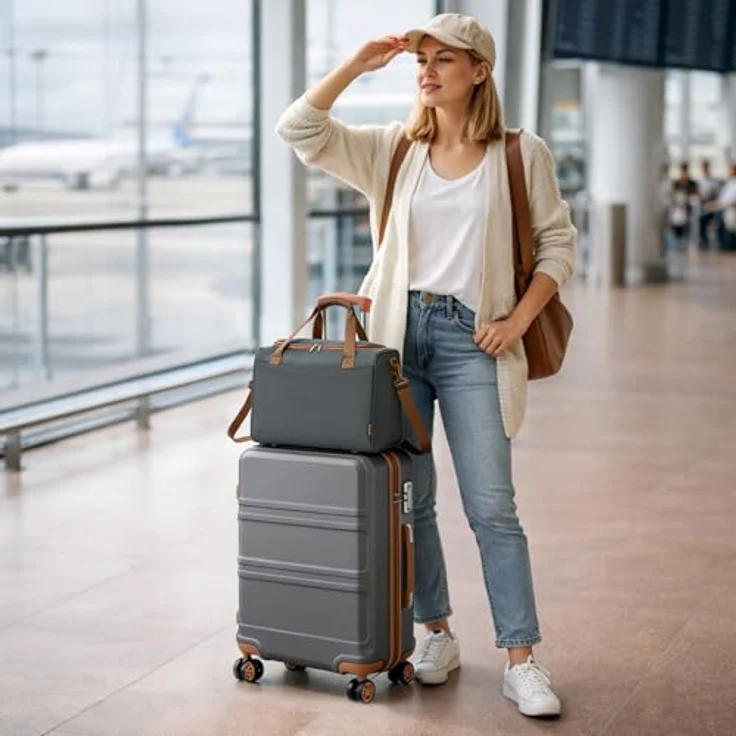 KONO Kofferset 4-teilig Hartschalenkoffer mit TSA Schloss und geräuschlosen 4 Rollen, inkl. Ryanair Reisetasche (55/65/74 cm), Grau/Braun – Bild 5