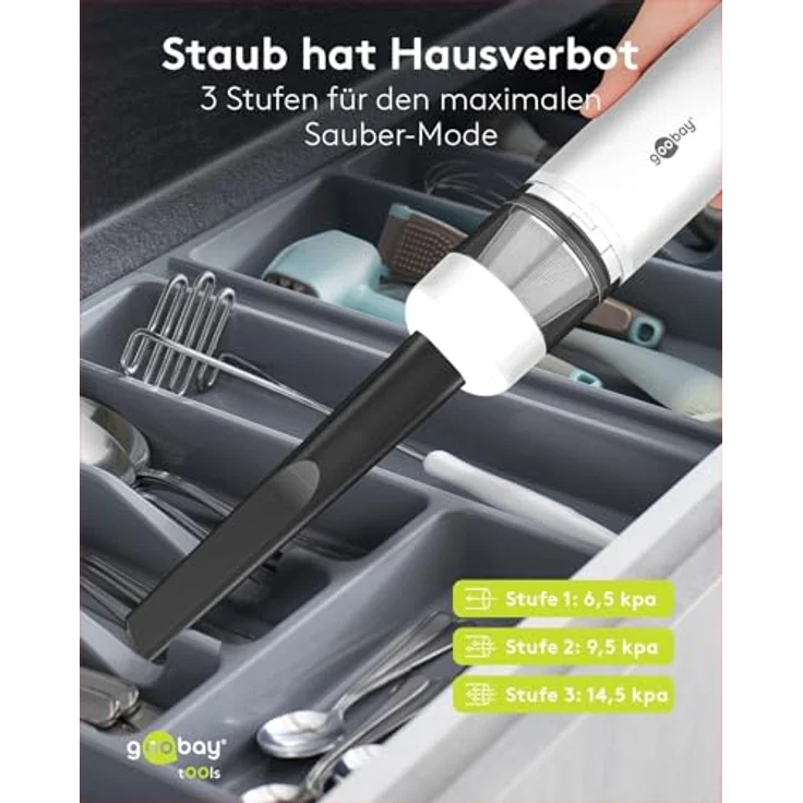 Goobay Tools Mini-Staubsauger Advanced, 6000mAh akkubetriebener Handstaubsauger, beutellos, USB-C, 80W, weiß – Bild 4