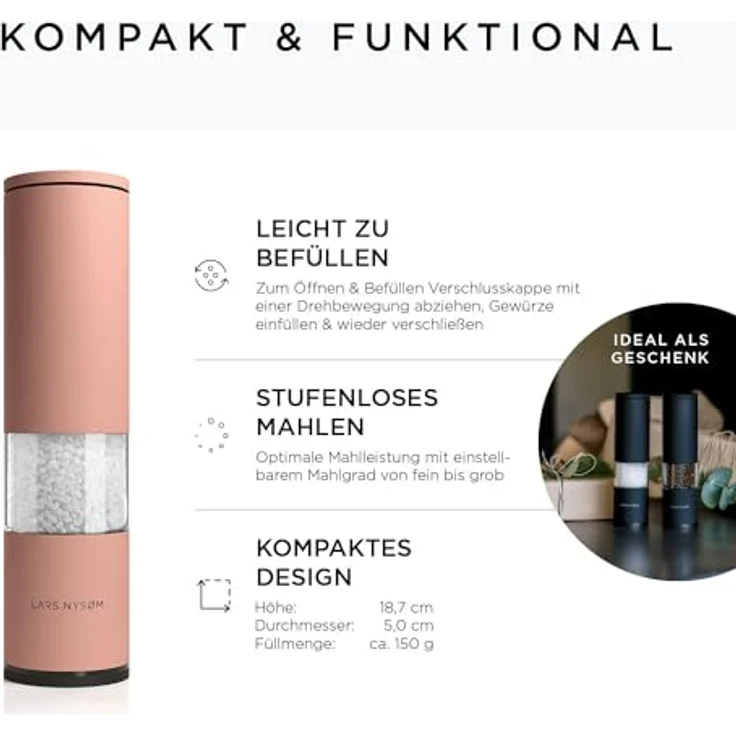LARS NYSØM Salz und Pfeffer Mühle 2er Set Manuell mit einstellbarem Keramik-Mahlwerk von grob bis fein I Design Gewürzmühlenset (2 Stück) (Nude) – Bild 4