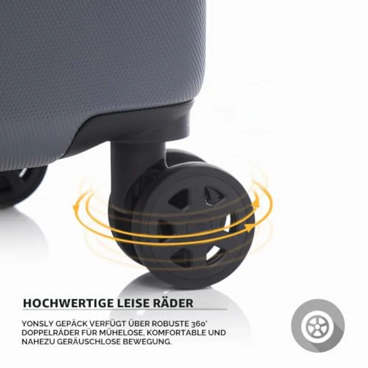 YONSLY Trolley Koffer M, Hartschalenreisekoffer mit 4 x 360° Rollen, Zahlenschloss und weichem Gummigriff, Grau – Bild 4