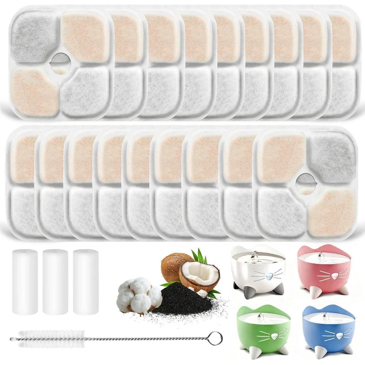 Katzenbrunnen Filter Set für Catit Pixi 2,5L, 18 Filter und 3 Schläuche, dreifache Filtration für sauberes Wasser