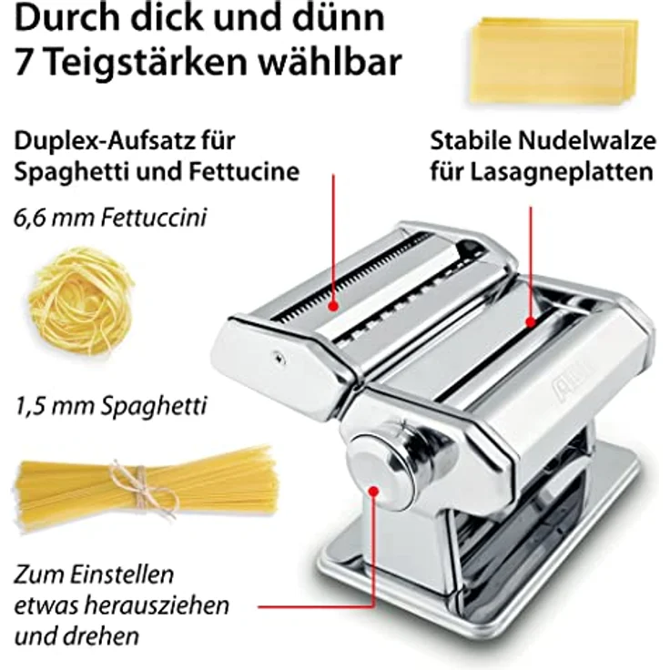 ADE Nudelmaschine Edelstahl, manuelle Pastamaschine mit 7 Teigstärken, für Lasagneplatten, Spaghetti und Fettuccine, inklusive Trockner und Borstenpinsel – Bild 2