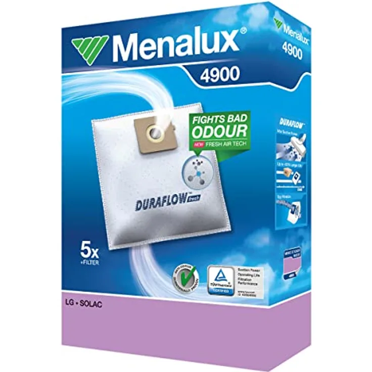Menalux 4900, 5 Synthetik Staubsaugerbeutel Duraflow für Rowenta RO 21/23, Weiß, hohe Saugleistung und Nutzungsdauer, TÜV geprüft