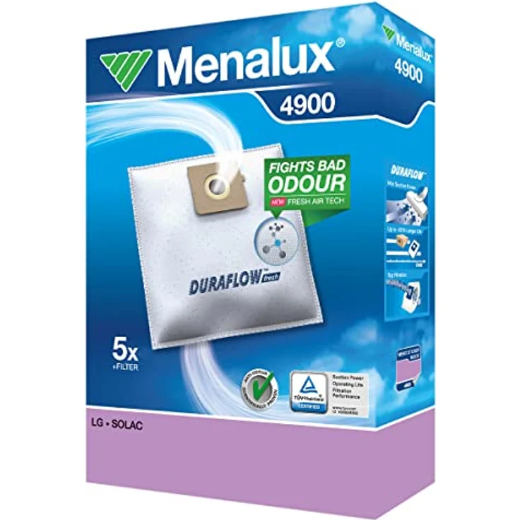 Menalux 4900, 5 Synthetik Staubsaugerbeutel Duraflow für Rowenta RO 21/23, Weiß, hohe Saugleistung und Nutzungsdauer, TÜV geprüft – Bild 1