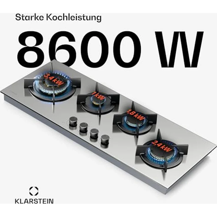 Klarstein Goldflame 4 Slim Gaskochfeld, 4 Messingbrenner, SnapJet-Zündung, Flammenausfallschutz, Edelstahl (Inkl. Schlauch & Druckminderer) – Bild 2
