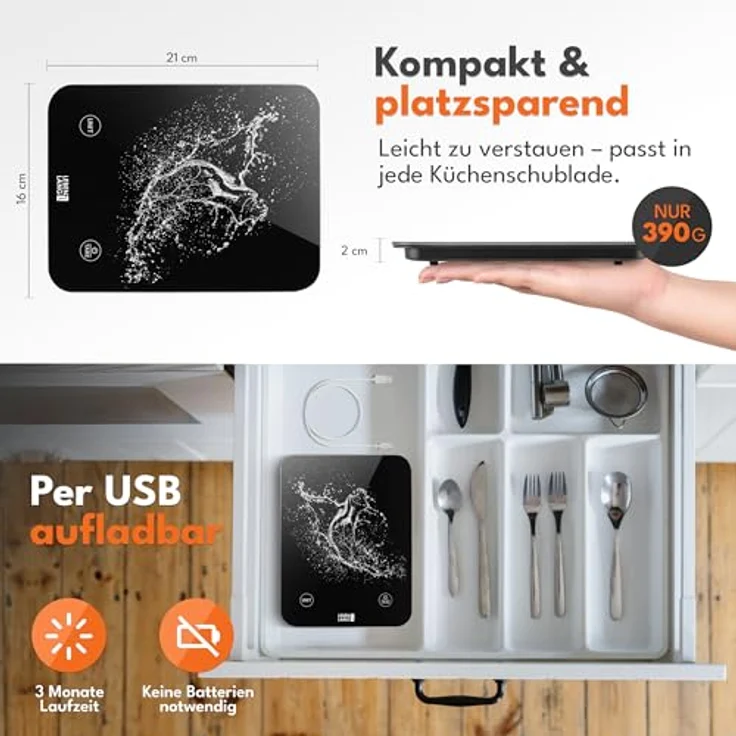 LEBENLANG Digitale Küchenwaage, Wasserdicht, USB Aufladbar, Bis 10 Kg, LCD Display, Präzise Messung, Schwarz – Bild 5