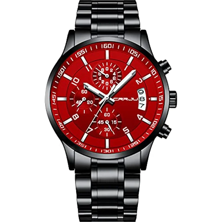 CRRJU Herren Uhr Business Edelstahl Chronograph mit Kalender, wasserdicht, Stoppuhr, Analog Quarzuhr, schwarzes Edelstahlband mit roten Akzenten – Bild 1