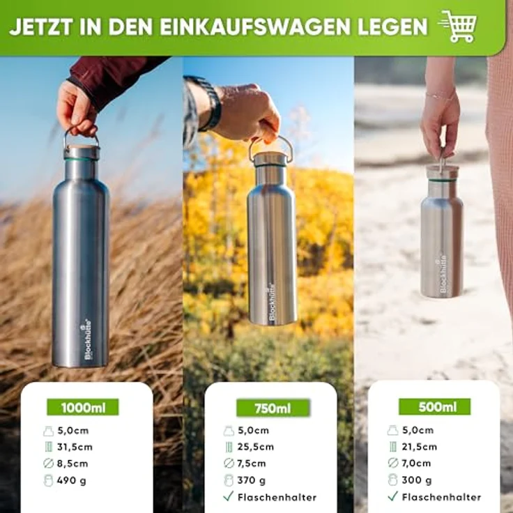 Blockhütte Premium Edelstahl Trinkflasche isoliert, 750ml, auslaufsicher, mit Naturborsten Bürste, spülmaschinenfest, BPA-frei für Sport & Freizeit – Bild 3