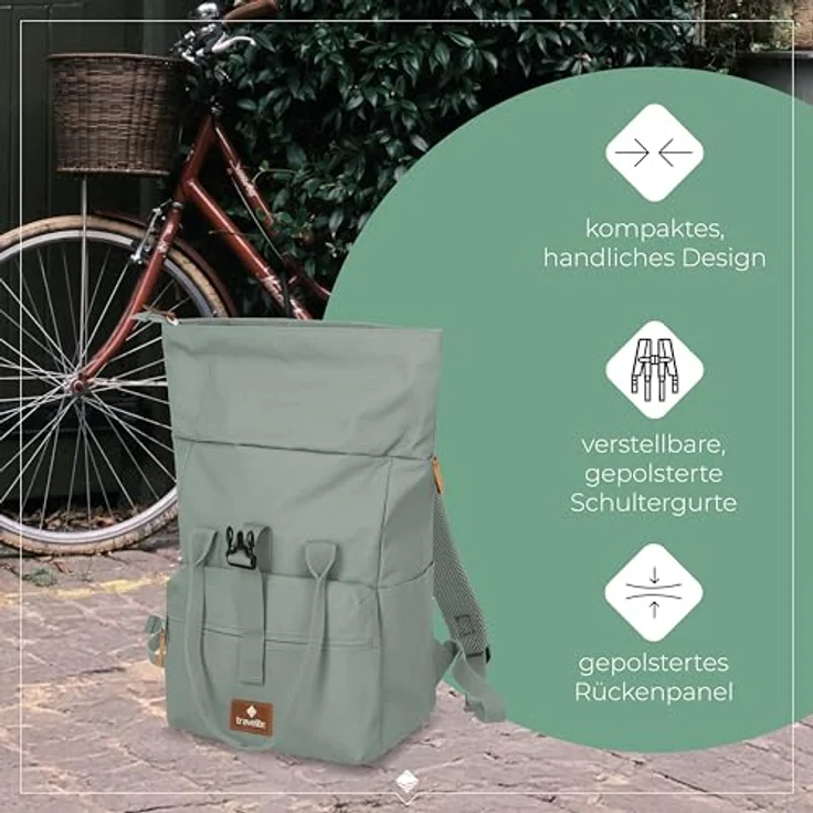 travelite Daypack Basics, Unisex Rucksack aus Polyester mit gepolsterter Rückenpartie, Laptopfach für 42 cm, Rolltop-Verschluss, schwarz – Bild 6