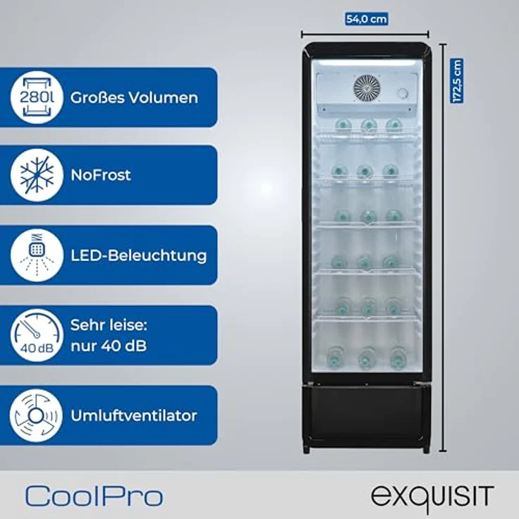 Exquisit GKS5260-GT-431D, Glastürkühlschrank mit 280l Volumen, LED-Beleuchtung, Umluft, 5 verstellbare Ablagen, schwarz – Bild 3