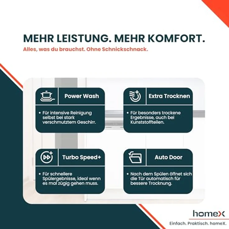 homeX DWSI601442A Geschirrspüler 60 cm, teilintegrierbar, 14 Maßgedecke, 9 Programme, leiser Betrieb 42 dB, Energieeffizienzklasse A – Bild 9