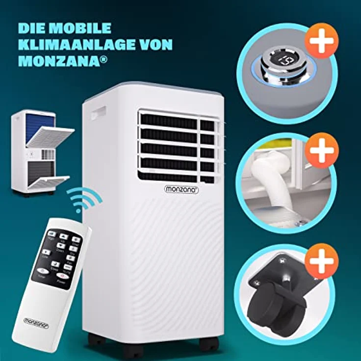 Monzana® Klimaanlage MZKA2000, mobile 3in1 Kühl- und Luftentfeuchtungsanlage mit 7000 BTU, 750W, 24h Timer, Fernbedienung und Rollladenkit für Räume bis 25qm – Bild 4