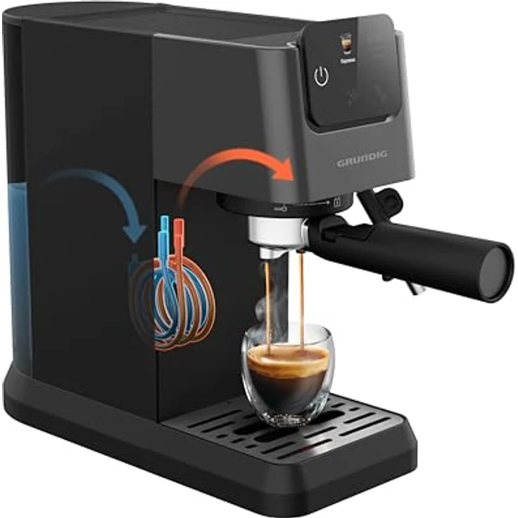 GRUNDIG KSM 4330 Siebträgermaschine mit Milchaufschäumdüse, Espressomaschine, für gemahlenen Kaffee, abnehmbarer Wassertank, Touch-Display, 1626 W Leistung, Memory Funktion, Schwarz – Bild 4