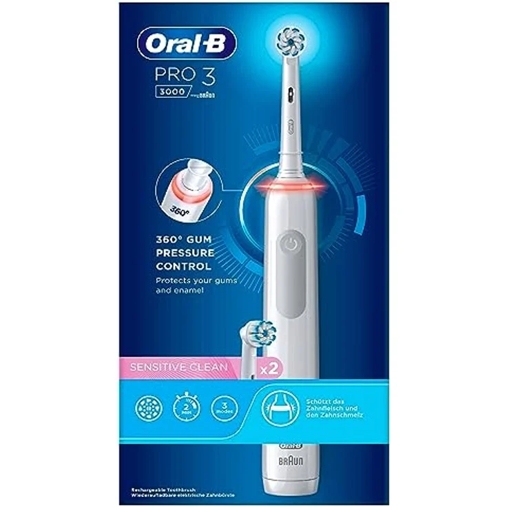 Oral-B PRO 3 3000 Elektrische Zahnbürste/Electric Toothbrush, 2 Sensitive Clean Aufsteckbürsten, 3 Putzmodi und visuelle 360° Andruckkontrolle für Zahnpflege, Geschenk Mann/Frau, weiß – Bild 1