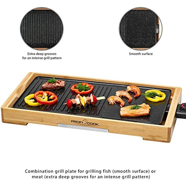 ProfiCook PC-TYG 1143 Teppanyaki-Grill, kratzfeste Keramikbeschichtung, große Grillfläche, stufenlos regelbarer Thermostat, herausnehmbarer Edelstahl-Fettauffangbehälter, Holz - Schwarz – Bild 2
