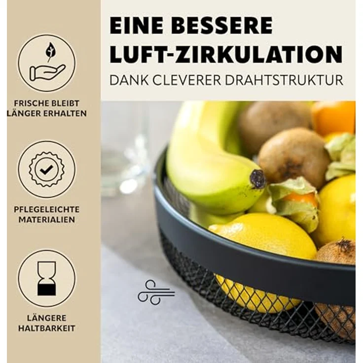 eluno 2-stöckige runde Obstetagere aus schwarzem Metall, vielseitig einsetzbar zur übersichtlichen Lagerung von Obst, Gemüse, Brot und Snacks, Ø 30 cm oben, 31,5 cm hoch – Bild 5