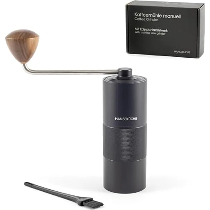 Hanseküche Manuelle Kaffeemühle, Präzisions-Edelstahlmahlwerk mit Holzgriff, Kegelmahlwerk für Espresso, schwarz