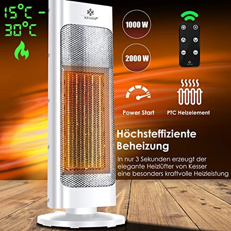 KESSER Heizlüfter mit Fernbedienung energiesparend leise 2000W Keramik Heizstrahler Standheizstrahler 15-30°C - Schnellheizer mit 80° Oszillationsfunktion 24h Timer Heizung Turmheizstrahler Weiß, Heizstrahler – Bild 2