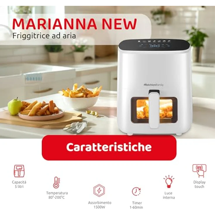 Melchioni Family Marianna New Luftfritteuse, 5 l, kompakt, Antihaft-Behälter, Touch-Display, 7 Programme, Timer 60 min, Temperatur 80 °-200 °C, 1500 W – Bild 2