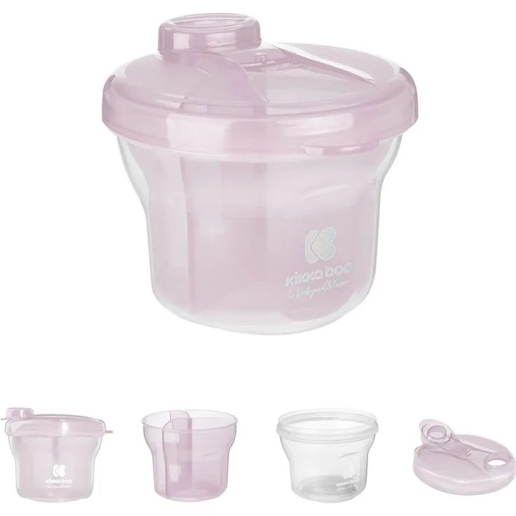 Kikkaboo Milchpulver Behälter 2 in 1 mit drei Ablagefächern, Deckel in weiß und rosa, Hygienisch und praktisch für unterwegs