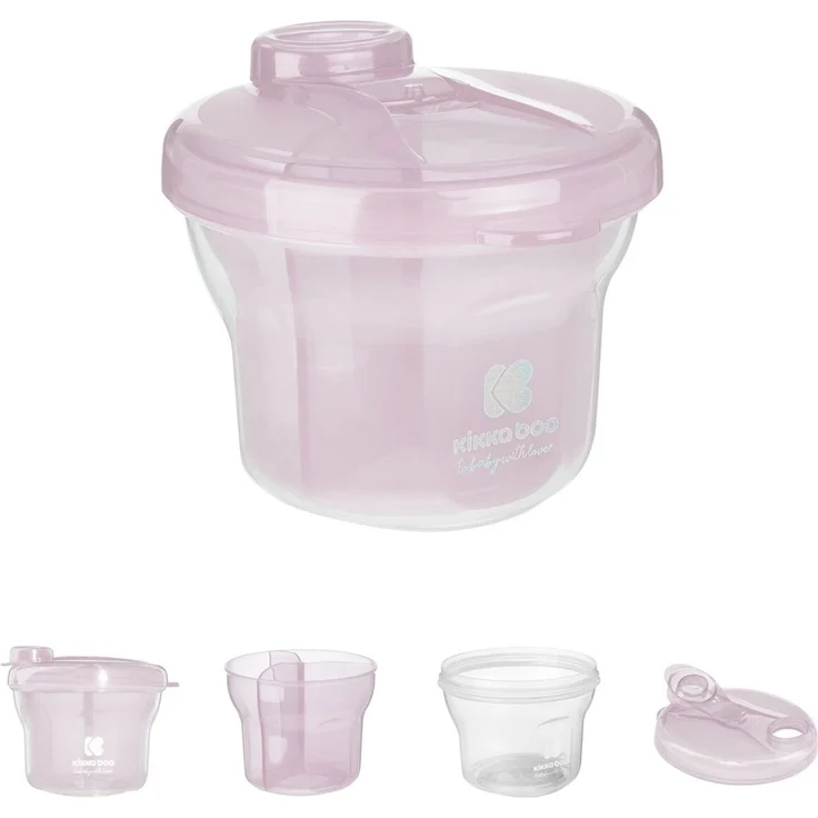 Kikkaboo Milchpulver Behälter 2 in 1 mit drei Ablagefächern, Deckel in weiß und rosa, Hygienisch und praktisch für unterwegs
