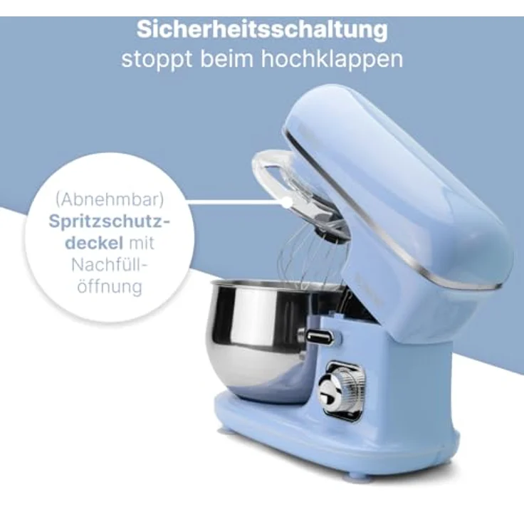 Bomann KM 6030 CB Knetmaschine inkl. transparentem Spritzschutzdeckel mit Nachfüllöffnung, 1100 Watt, 5 Liter, schwenkbarer Multifunktionsarm, blau – Bild 8