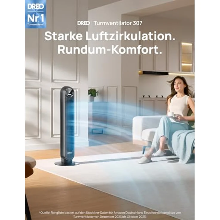 DREO Turmventilator 307, 10 m Wurfweite, 4 Geschwindigkeitsstufen, 4 Modi, 8 Std. Timer, 90° oszillierend, schwarz – Bild 2