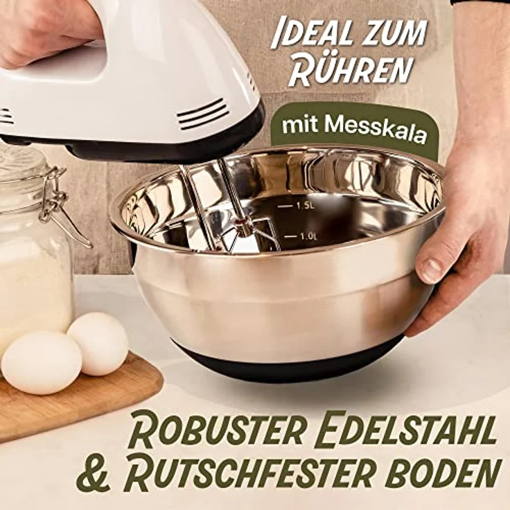 Praknu 3 Edelstahl Schüssel Mit Deckel Set - Rutschfeste Rührschüssel Groß - Luftdicht - Mit Messskala - Platzsparend - Ideal zum Mischen – Bild 3