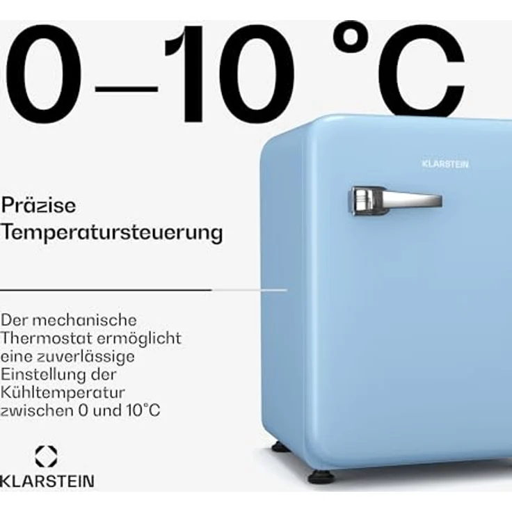 Klarstein Audrey Evo 68L Retro Mini Kühlschrank, 40 dB leise, kompakt mit verstellbaren Füßen und Wendetür, blau, ideal für Schlafzimmer und Büros – Bild 4