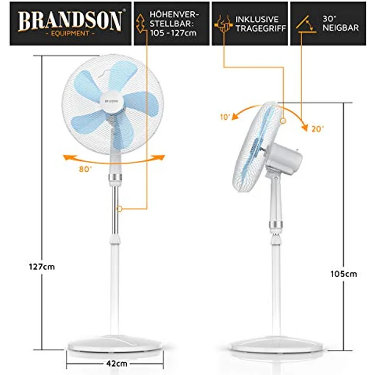 Brandson Standventilator 50 W - Standlüfter 40 cm - Ventilator höhenverstellbarNeigungswinkel 30° – Bild 3
