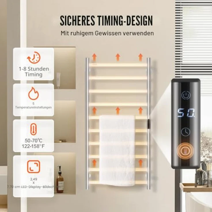 VEVOR Handtuchtrockner Heizkörper, 10 Stangen Handtuchwärmer mit Timer und LED-Anzeige, 5 Temperaturstufen, wasserdicht, Wandmontage, Silber – Bild 3